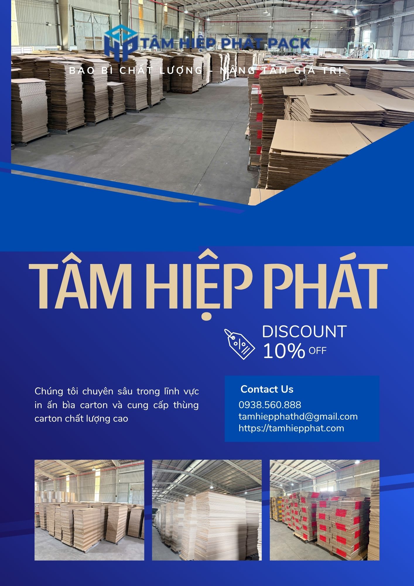 Nhà máy sản xuất bao bì giấy TÂM HIỆP PHÁT tự hào là đơn vị uy tín hàng đầu tại TP.HCM, chuyên thiết kế, gia công, sản xuất và in ấn các dòng thùng carton 3 lớp, thùng carton 5 lớp, thùng carton 7 lớp, bìa tấm carton và cuộn carton 2 lớp.