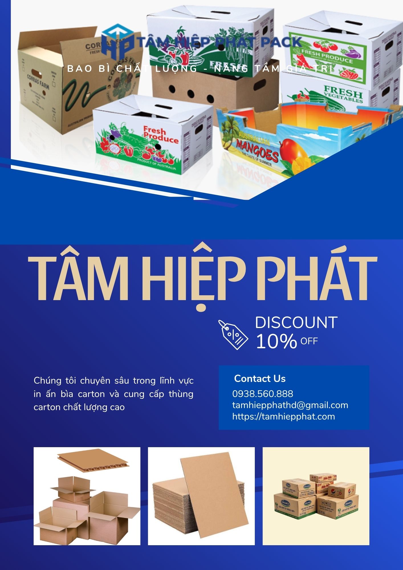 Nhà máy sản xuất bao bì giấy TÂM HIỆP PHÁT tự hào là xưởng sản xuất và tổng kho phân phối trực tiếp hàng đầu, chuyên cung cấp các dòng hộp carton đóng hàng, bìa tấm carton