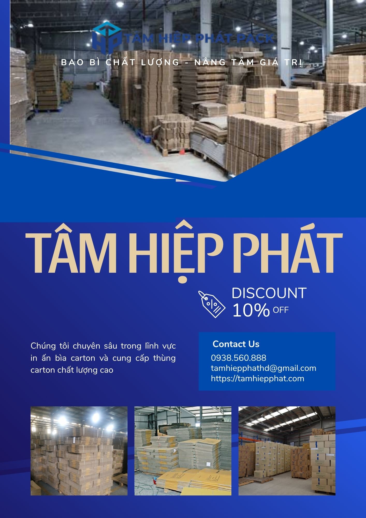 Công ty TNHH Bao Bì Giấy TÂM HIỆP PHÁT tự hào là xưởng sản xuất uy tín hàng đầu tại TP.HCM, chuyên cung cấp các dòng thùng carton, bìa tấm carton, cuộn carton đạt chuẩn chất lượng cao