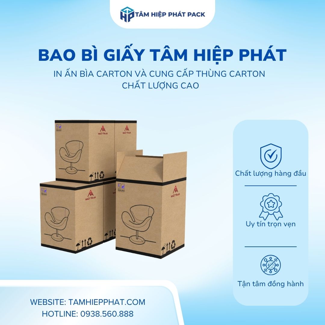 Nhà máy sản xuất bao bì giấy TÂM HIỆP PHÁT tự hào là đơn vị uy tín hàng đầu tại TP.HCM và các tỉnh phía Nam, chuyên tư vấn kỹ thuật, thiết kế, tạo phôi sóng và trực tiếp gia công các dòng Thùng Carton 3 lớp, 5 lớp, 7 lớp chất lượng cao đạt chuẩn tiêu chuẩn kiểm định cơ lý.