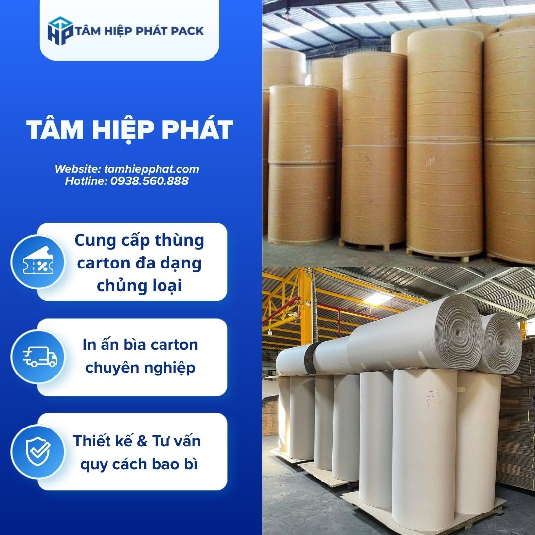 Nhà máy sản xuất bao bì giấy TÂM HIỆP PHÁT tự hào là đơn vị tiên phong uy tín tại khu vực TP.HCM và các tỉnh phía Nam, chuyên trực tiếp gia công phôi sóng, xả cuộn, cán lằn chia khổ theo yêu cầu và sản xuất các dòng Thùng Carton chất lượng cao từ 3 lớp, 5 lớp đến 7 lớp với mức giá sỉ tận gốc. 