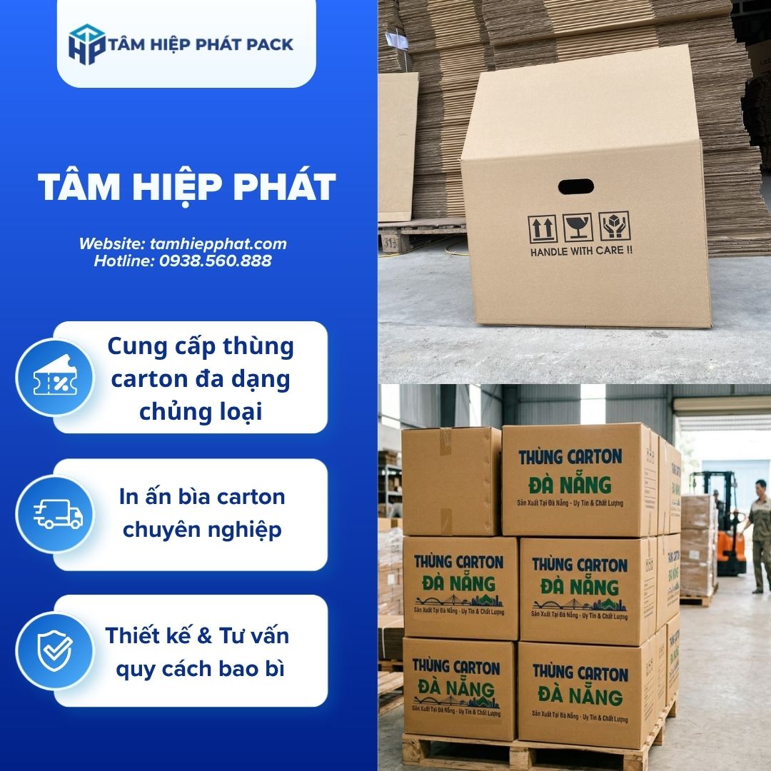 Nhà máy sản xuất bao bì giấy TÂM HIỆP PHÁT tự hào là đơn vị uy tín hàng đầu tại khu vực TP.HCM và các tỉnh phía Nam, chuyên trực tiếp gia công, bế hộp tự động và in ấn các dòng sản phẩm Thùng Carton chất lượng cao từ 3 lớp, 5 lớp đến 7 lớp với mức giá sỉ tận xưởng cạnh tranh nhất thị trường hiện nay.