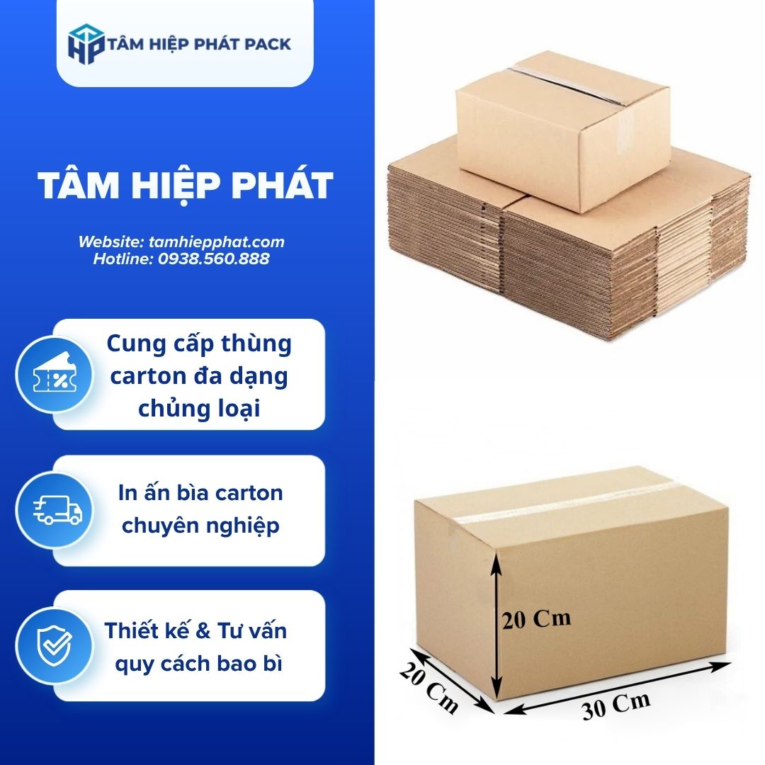 Mẫu hộp carton 30x20x20 cm đóng hàng thương mại điện tử chính là giải pháp bao gói lý tưởng, giúp triệt tiêu diện tích rỗng, bảo vệ an toàn sản phẩm và xây dựng hình ảnh chuyên nghiệp.